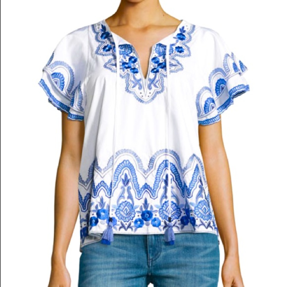 Parker Janis Embroidered Poplin Top, White